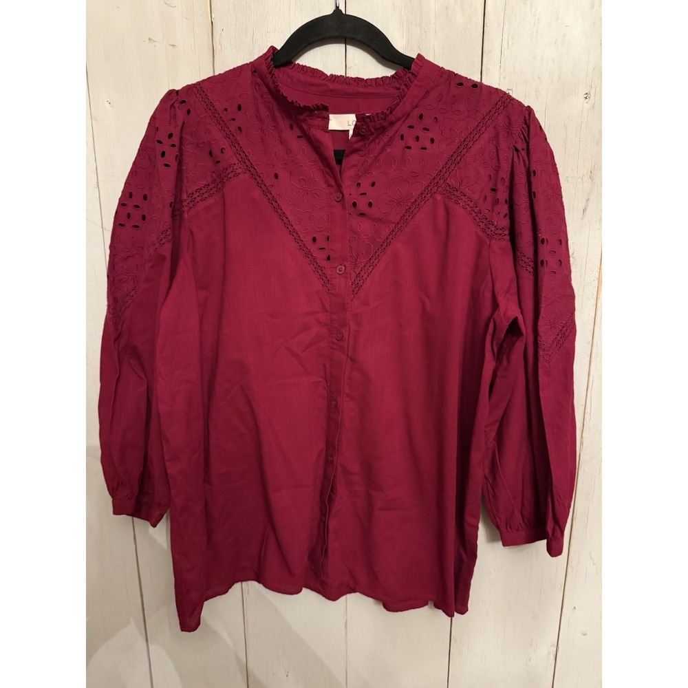 LOFT Blouse Womens Large Red Eyelet  Button Front Cottage Core Blouse